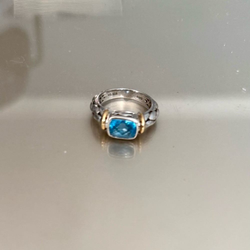 David Yurman style sterling silver and 14k Gold Ring and Blur Topaz size 5